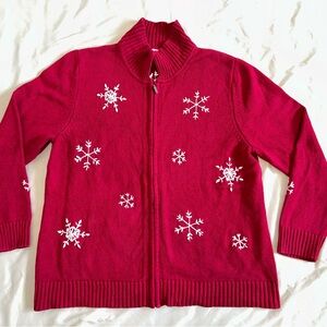 Kitsch Knit Christmas Snowflake Zip Front Collared Cardigan